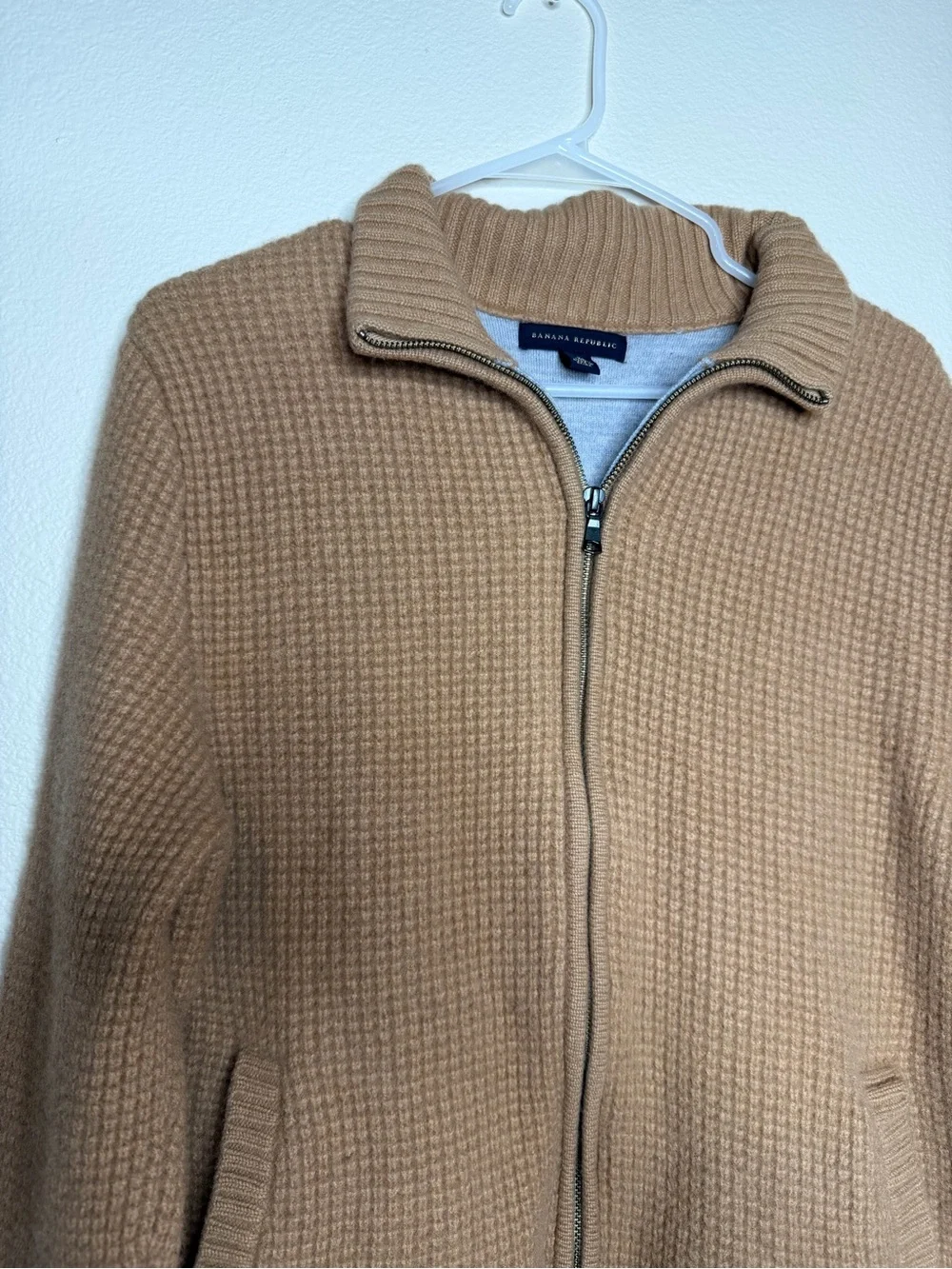 Banana Republic Men Camel Hair Wool Knit Full Zip Cardigan XL Sweater Jacket Tan